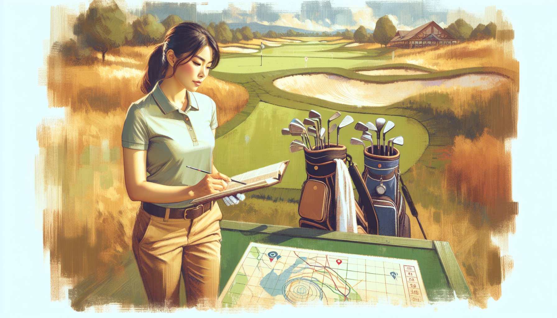 Weekend warrior golfer analyzing course strategy with golf course layout and yardage book showing smart club selection decisions