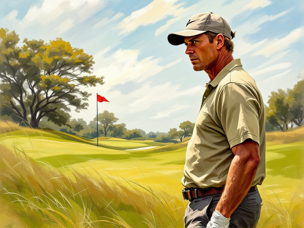 Golfer facing strong wind on course