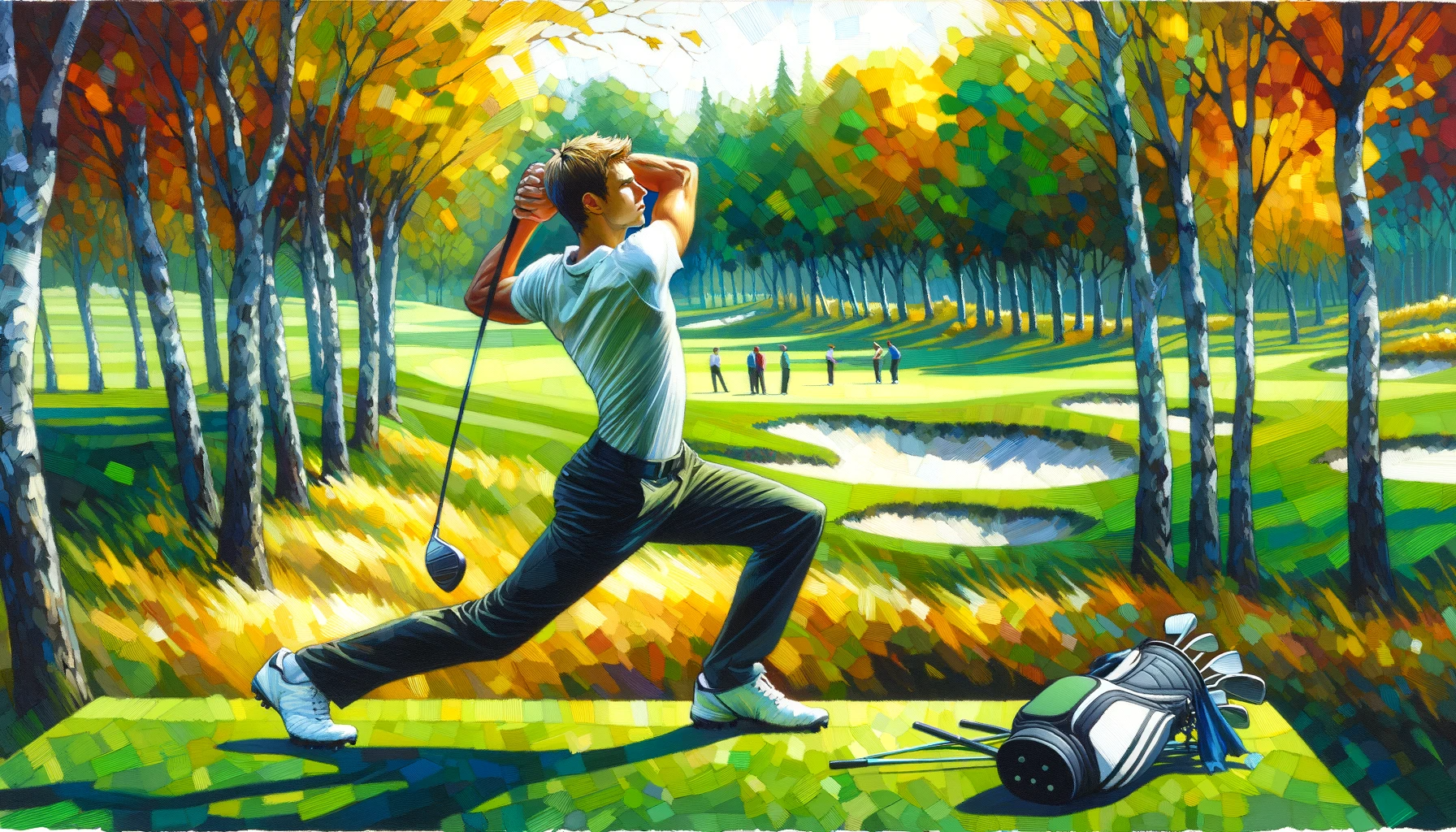 Young athlete golf stretches early autumn